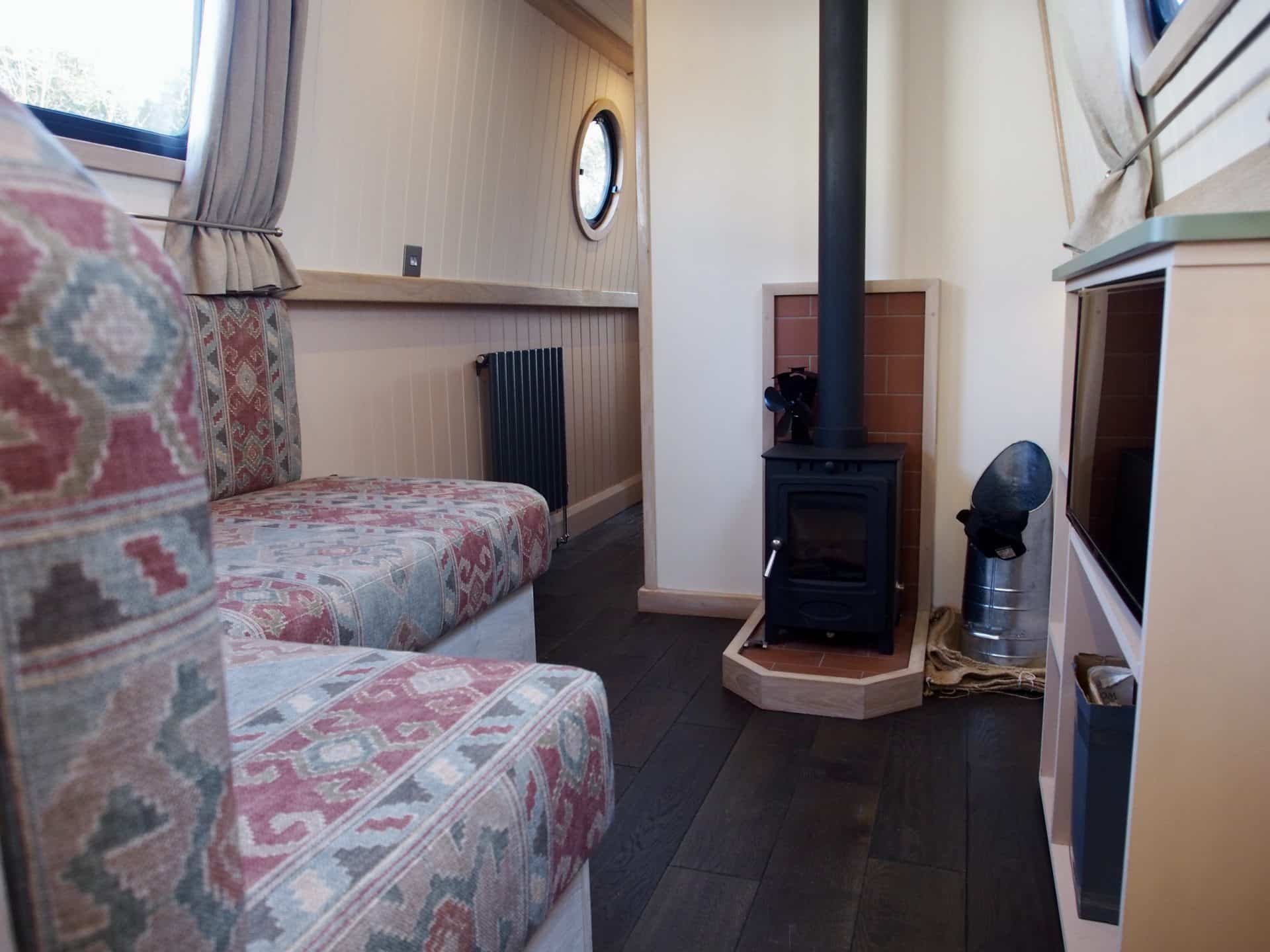 custom barge new boat build log burner heating system