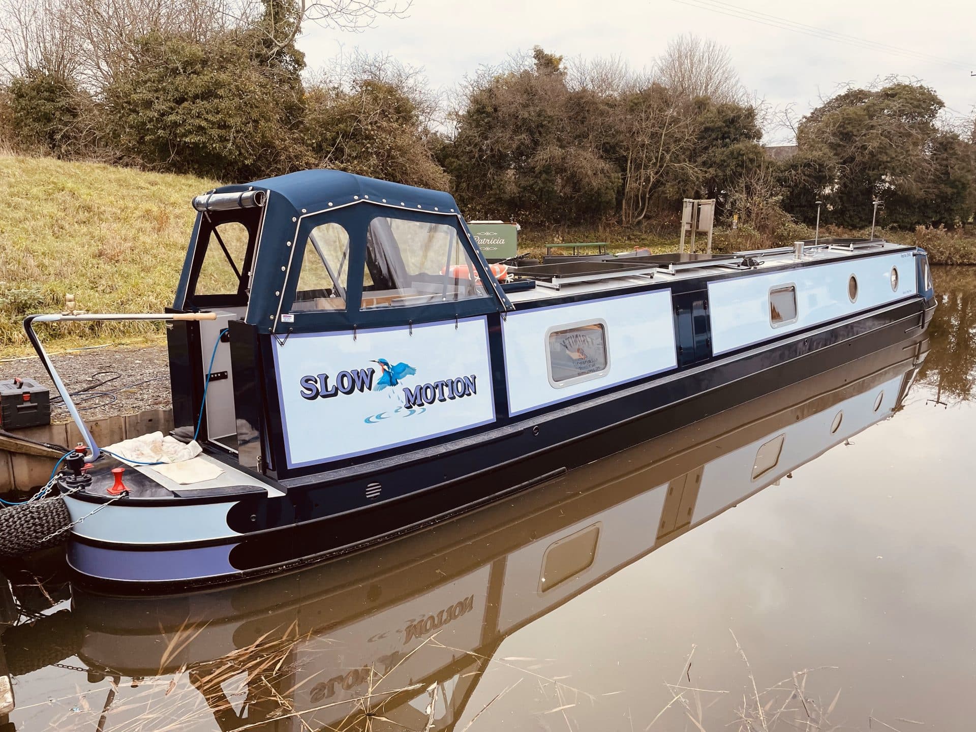 moored side view 'slow motion' hand painted custom canal boat exterior